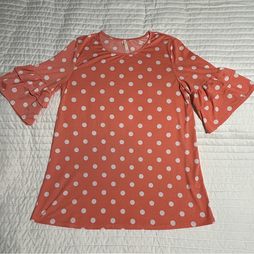 Lime & Chili Orange/White Dots Short Ruffle Sleeve Shirt Womens Small Blouse Top